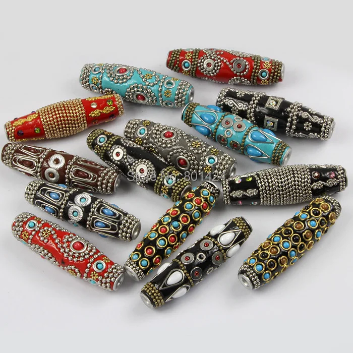 

4pcs 63-665 random mix type handmade Indian Nepalese Indonesian tibetan beads 18x60mm cooper alloy clay vintage tube beads