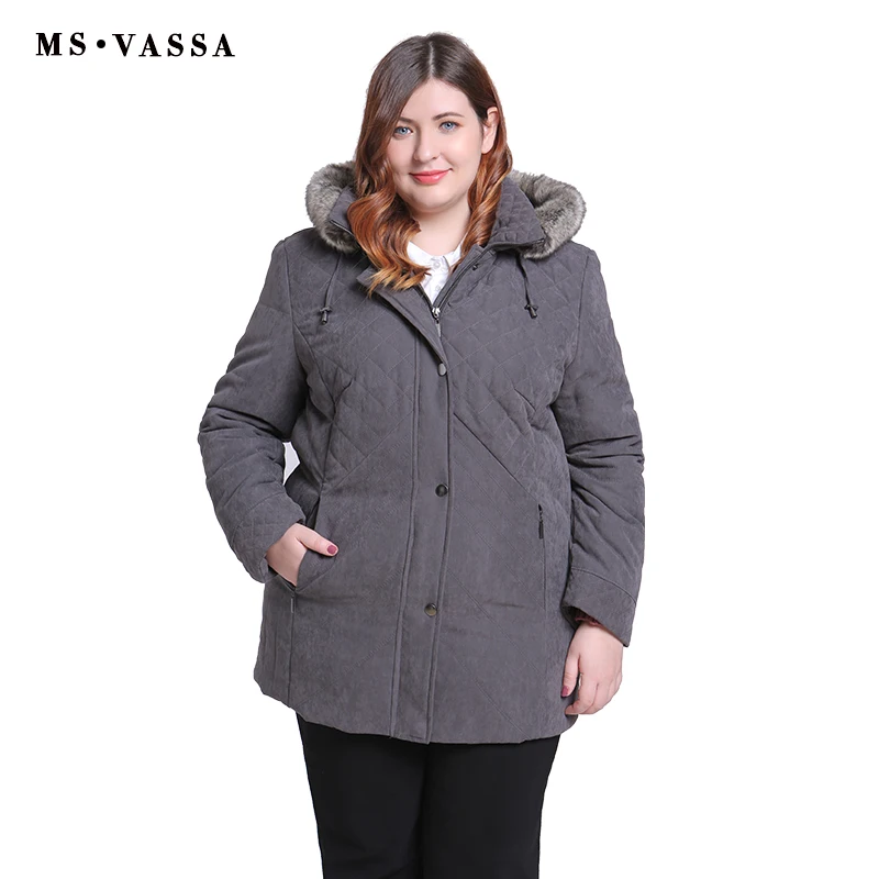 MS VASSA Women Parkas plus size 2018 New Winter Autumn Jackets Turn-down collar removed hood with fur Ladies big size outerwear