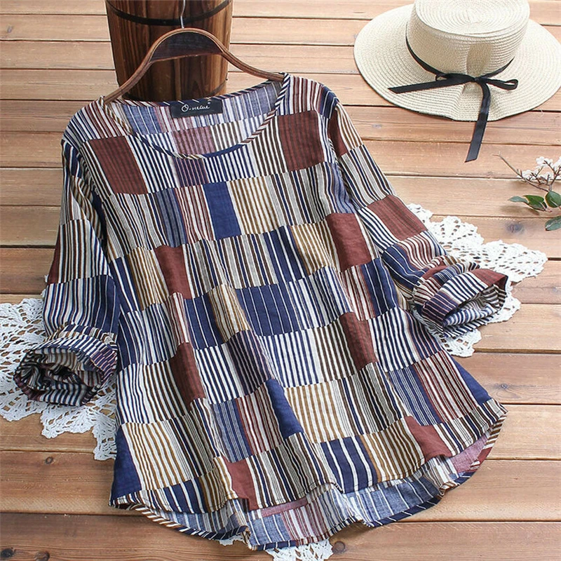 

Women Baggy Tunic Tops Long Sleeve Retro V Neck Casual Loose Plaid Blouses 2019 Boho Summer Lady Vintage Clothes Plus Size L-5XL