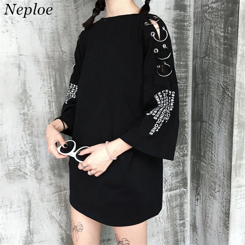

Neploe Causal Tops Ring Design T-shirt Harajuku Short Sleeve O-neck Top Tee Letter Print T Shirt Woman Medium-long TShirts 35281