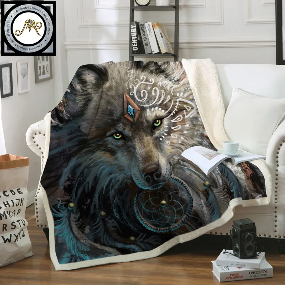 Günstige Wolf Krieger durch SunimaArt Betten Decke Sherpa Fleece Plüsch Bettwäsche Indische Wolf Mit Dreamcatcher Decke cobertor