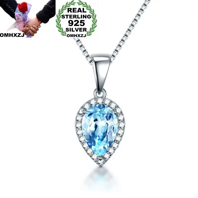 

OMHXZJ Wholesale European Fashion Woman Girl Party Gift Water Drop Topaz Zircon 925 Sterling Silver Necklace Pendant Charm CA49
