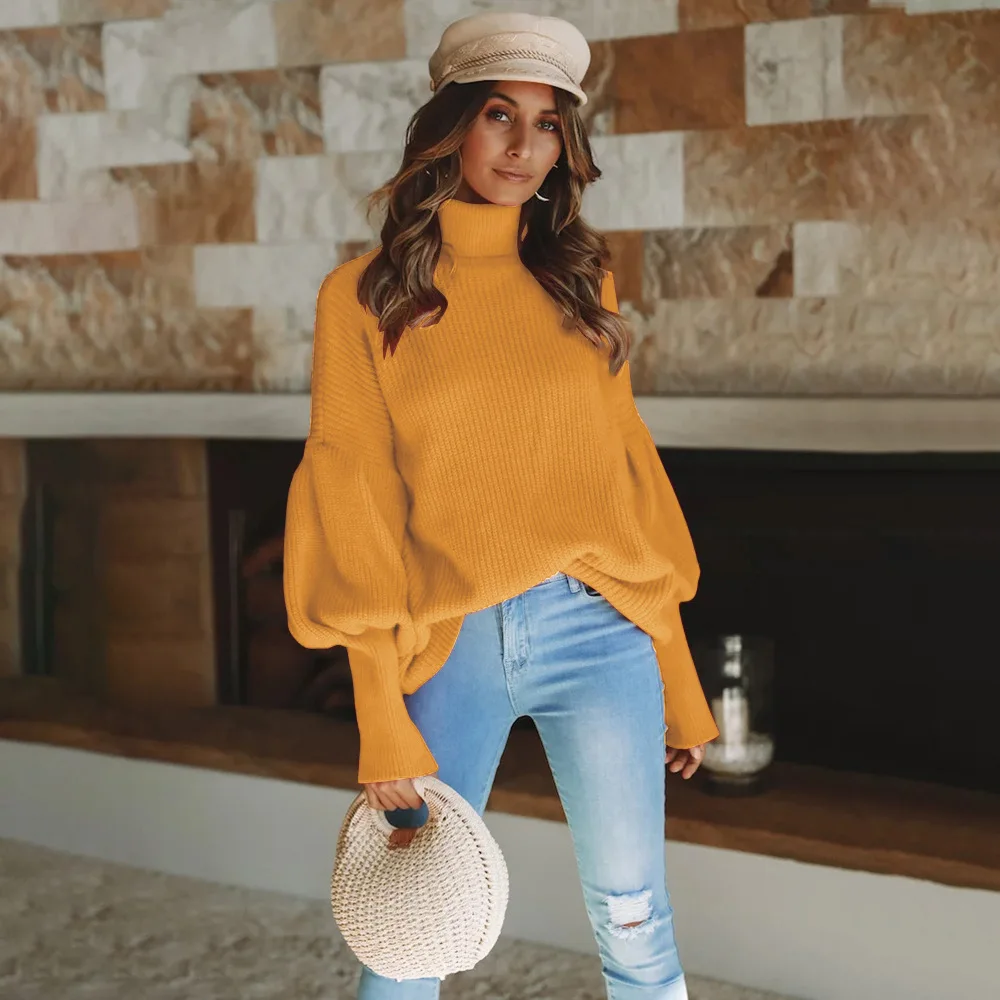 

Fashion high collar sweater women's four-color lantern sleeves sweater pure color loose version sweater coat casual style knitte