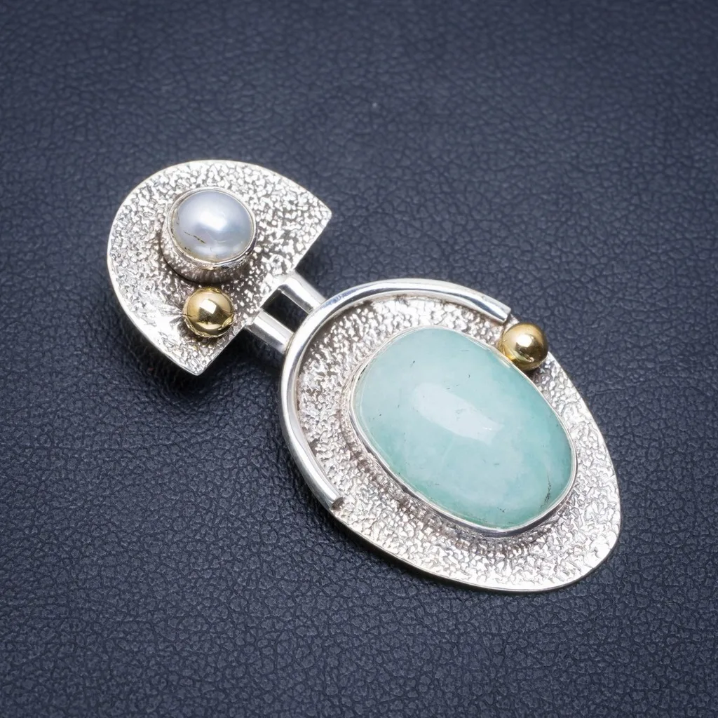 

Natural Two Tones Amazonite and River Pearl Handmade Unique 925 Sterling Silver Pendant 1.5" A1693