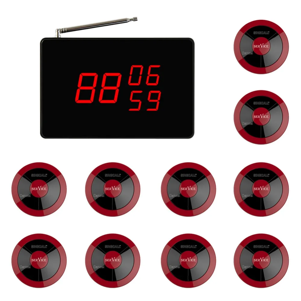 SINGCALL Беспроводная система вызова, упаковка из 1 дисплея и 10 APE320 красные влагозащитные пейджеры, кнопка вызова домофона