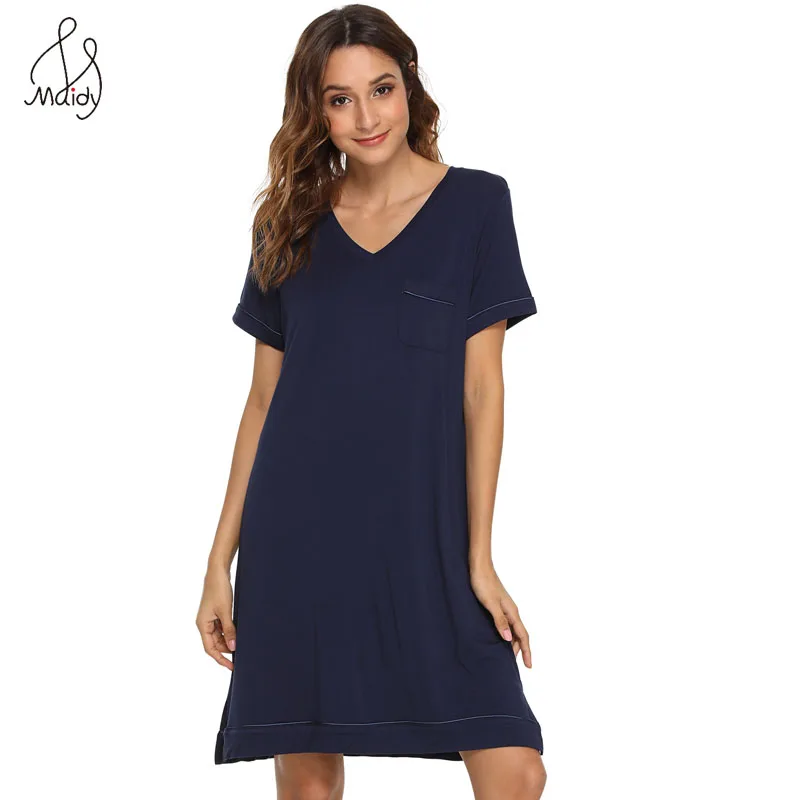 

Maidy Lounge Nightdress For Women Soft Sleep Dress Bamboo Fiber Nightgown V-Neck Pocket Loose Nightdress Solid Female Underwear