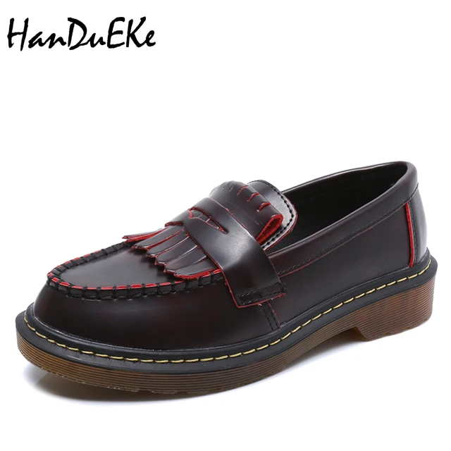 HanDuEKe Black Leather Tassel Loafers Women's Flat Shoes Gothic Slip on