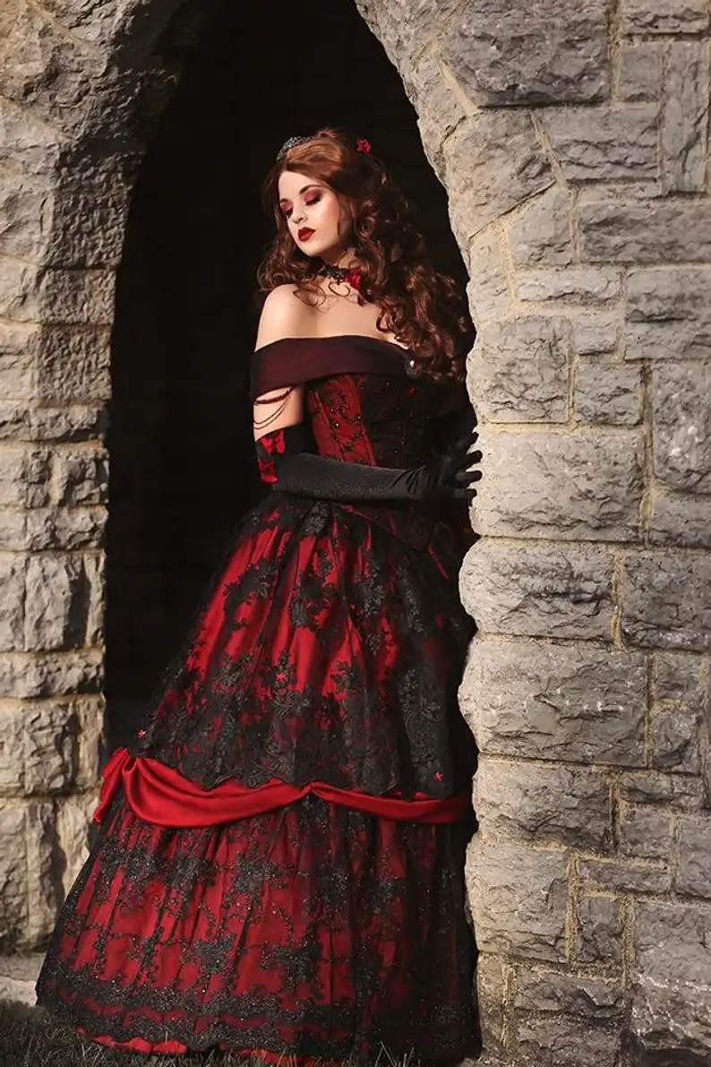 Red Black Lace Wedding Gown with Vintage Lace-up Corset and Off-Shoulder Sleeves - Gothic Belle, Steampunk Sleeping Beauty, Plus Size Bridal Gown image 5