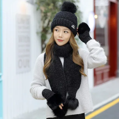 Модная женская зимняя шапка шарф наборы перчаток для девочек теплая Толстая шапка и перчатки набор из трех частей сплошной вязаный набор шапки и шарфа для Feamle - Цвет: Black