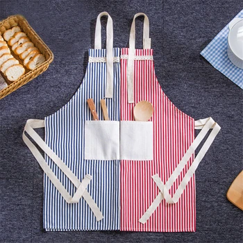 

Fashion Cute Polyester Canvas stripe Japanese Style Aprons For Women with Pockets Cafe Kitchen Cooking Household Cleaning Tools