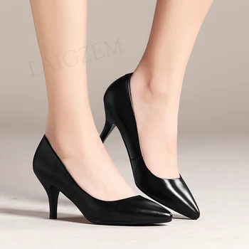 

LAIGZEM Genuine LEATHER Women Pumps 7cm Kitten Heel Sandals Dress Comfortable Slip On Shoes Pointed Toe Shoes Size 33-40