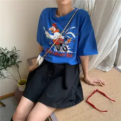 В Корейском стиле с милым мультяшным животным принтом повседневные хлопковые синие 2019 летние весенние женские топы с короткими рукавами