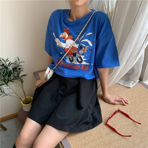 

Korean Style Cute Cartoon Animal Printed Casual Cotton Blue 2019 Summer Spring Female Women Short Sleeve Top Fashion T-shirts