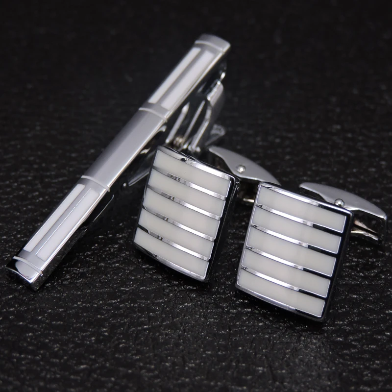 

Novelty Tie Clip cufflinks Classical Men Wedding Tie Bar Quality Tie Collar Pin white pattern Business Corbata Relojes gemelos