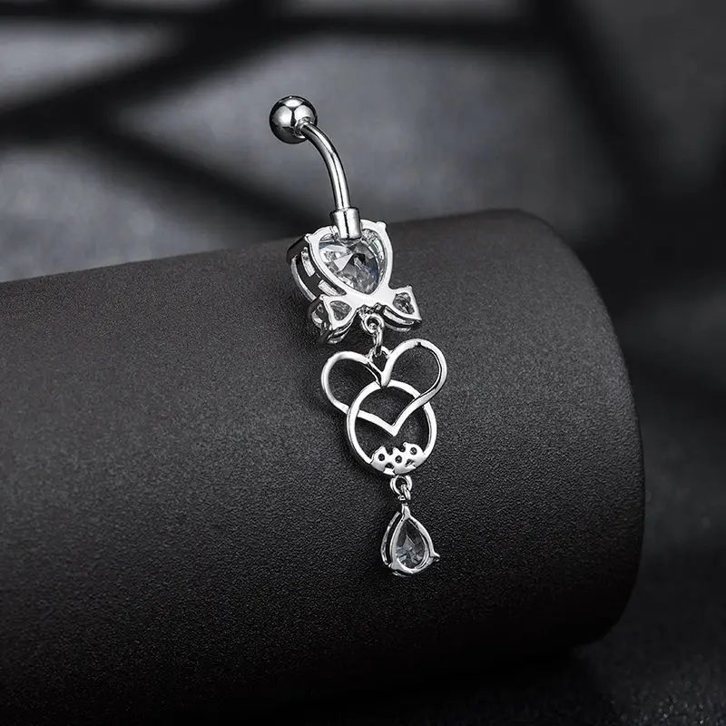 Hot Statement Hollow Double Heart Gold Surgical Steel Piercing Body Jewelry Sexy Crystal Zircon Pendant Belly Button Rings