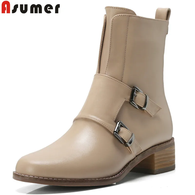 

ASUMER 2020 fashion ankle boots for women square toe zip buckle genuine leather boots med heels ladies prom boots black apricot