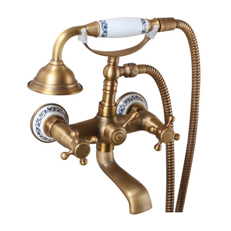 

Antique Brass Dual Handle Bathroom Wall Mounted Shower Faucet Set European Telephone Style Shower Set Mixer Solid Shower Set
