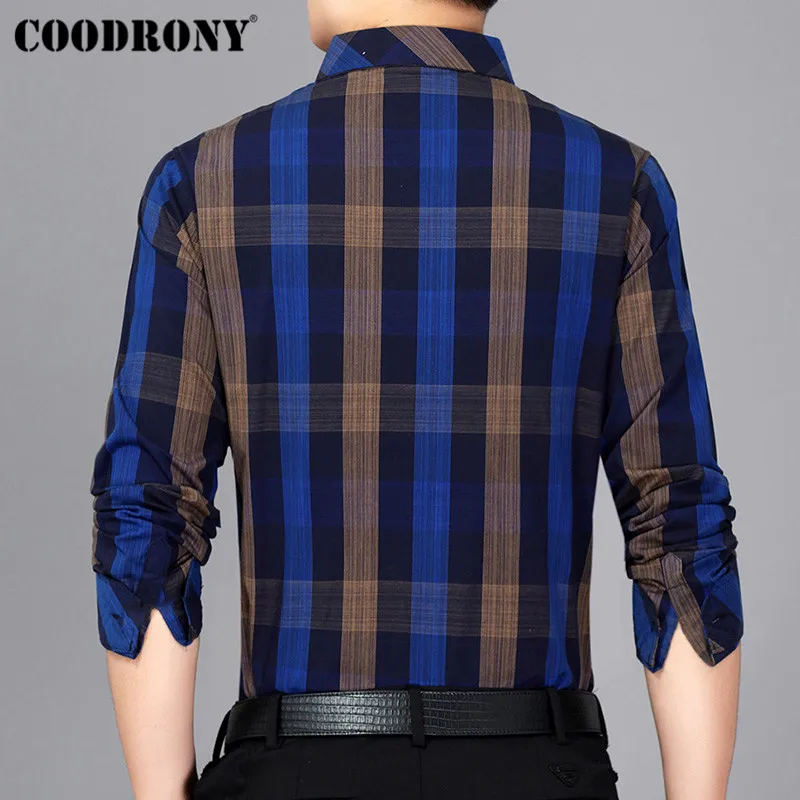COODRONY Мужская рубашка, осенняя рубашка с длинным рукавом, Мужская Уличная одежда с карманом, повседневные рубашки, Классическая клетчатая хлопковая рубашка Camisa Masculina 96018