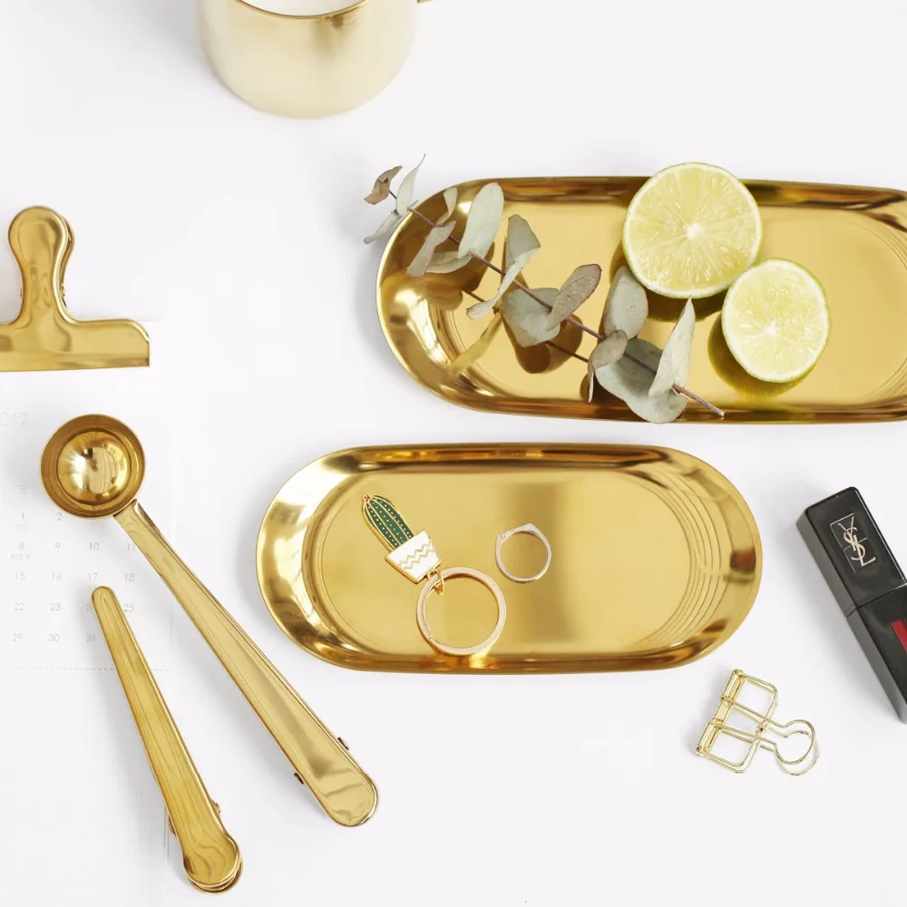 

Modern Metal Storage Trays Gold Silver Ellipse Tray Stainless Steel Jewelry Receive Tray Dessert Dish Plate Decorative Articles