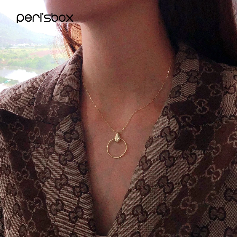 

Peri'sbox 925 Sterling Silver Hoop Necklace with Waterdrop Geometric Round Necklaces Minimalist Circle Woman's Chain Bijoux