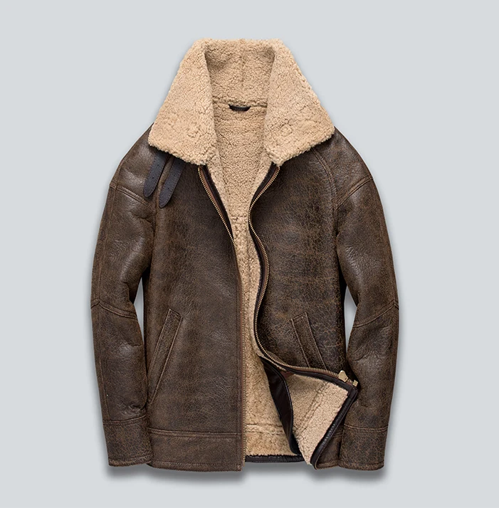 

Italy man's genuine sheepskin lambskin leather shearing coat male b3 bomber jacket for male brown vintage warm clothing winter