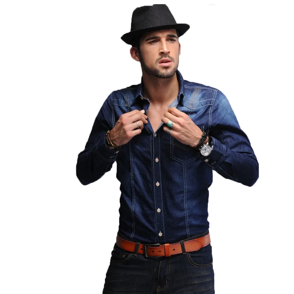 ZAPUYO Высокое качество Мужчин Джинсы Рубашка Slim Fit Бренд Случайные Джинсовые