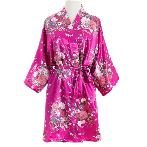 Шелковый Атласный Свадебный халат подружки невесты цветочный халат Короткое Кимоно халат ночной халат банный халат модный халат для женщин девочек - Цвет: rose red-90cm