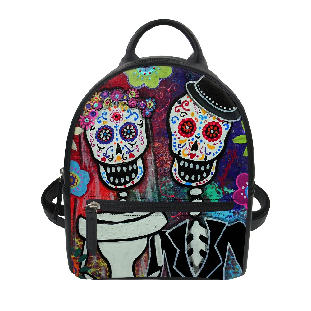 

FORUDESIGNS Funny Cartoon Skull Design PU Backpacks for Girls Woman Small Back Pack Printing Patchwork Design Black Red Dog Cats
