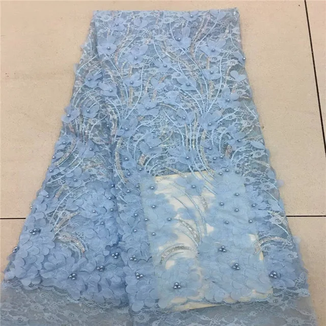 2018 African Tulle Lace Fabric Sky Blue Applique Lace Fabric High