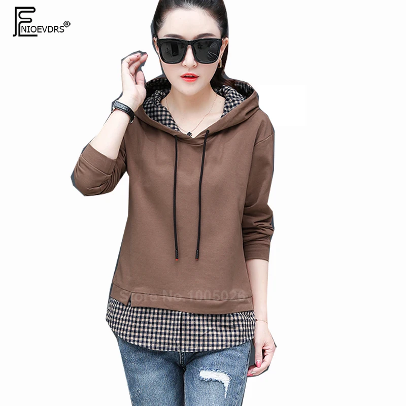 

Autumn Winter Hooded Hoodies Women Fashion Casual Tops Hoodie Black Green Patchwork Faux Two Piece Plaid Hoodies Sweatshirt 8230