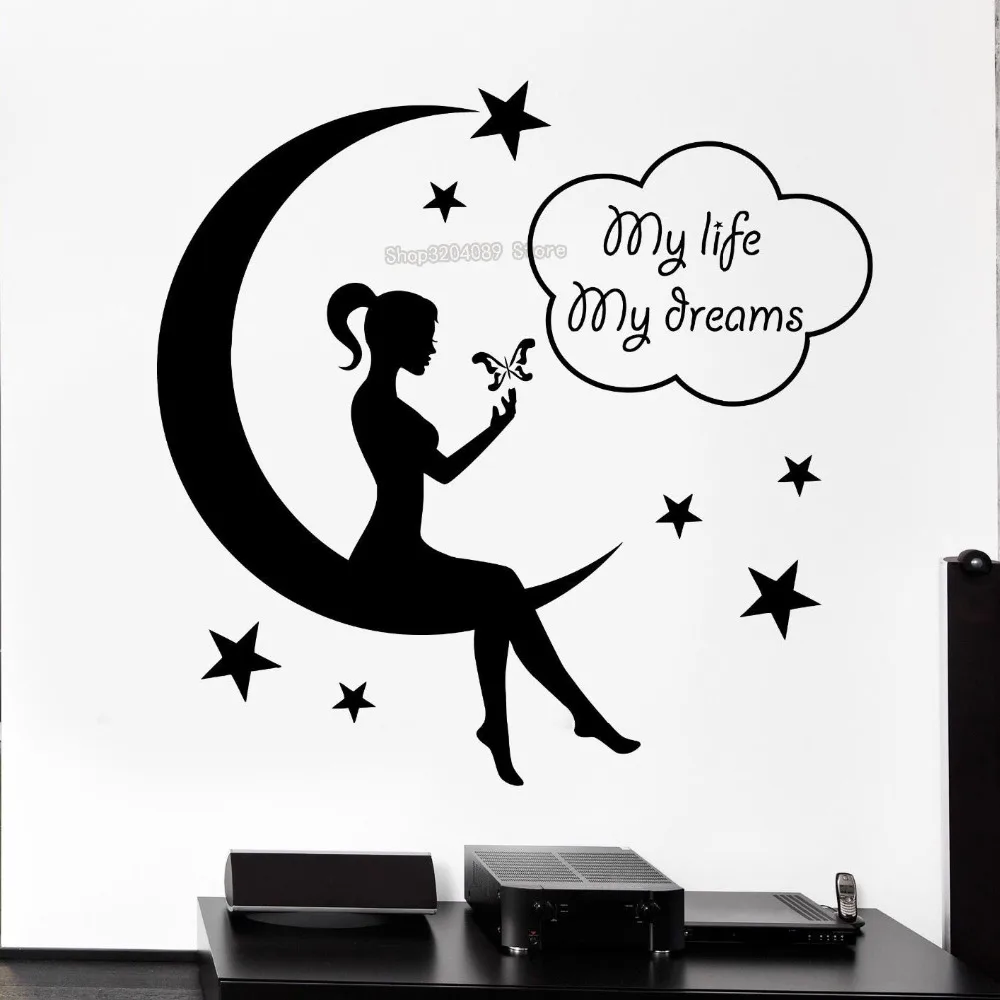 Us 6 42 31 Off Cute Wall Decal Teen Baby Girl Fairy Moon Star Dreams Bedroom Decoration Vinyl Stickers Removable Murals Yy135 In Wall Stickers From