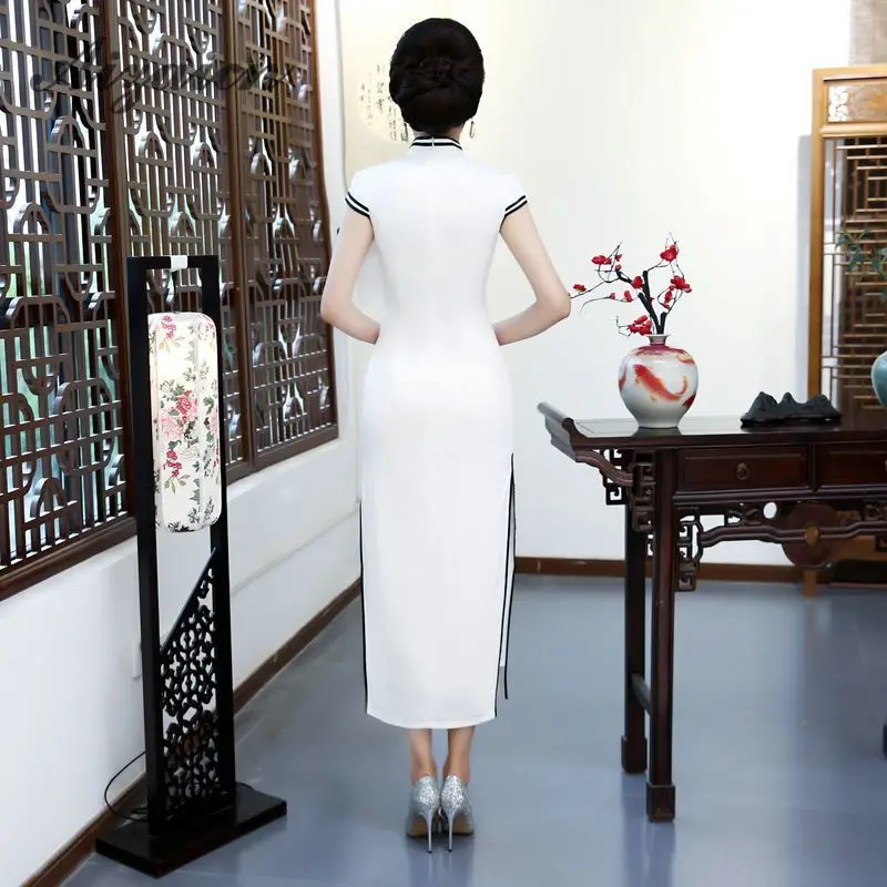 Современным принтом Cheongsam Для женщин китайское платье Qipao высокое Разделение Slim Fit платье восточные платья белые длинные Qi Pao Ретро Воротник