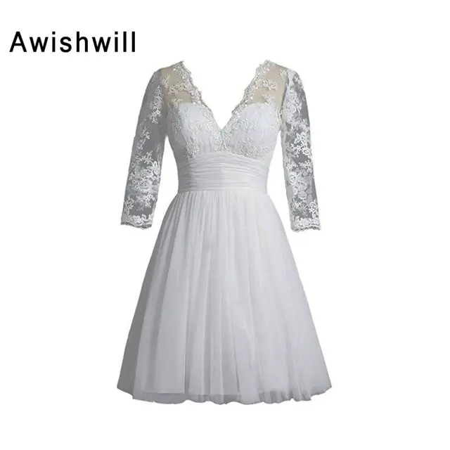 2018 Elegant Little White Dress V Neck 3 4 Sleeve Knee Length Custom 2018 Elegant Little White Dress V Neck 3 4 Sleeve Knee Length Custom Made
