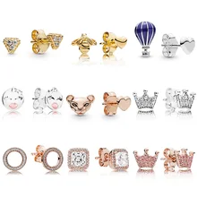 925 пробы, серебряные, розовые, золотые серьги в форме льва, круглая форма, розовая кристальная корона для женщин, подарок на свадьбу, вечеринку, день рождения