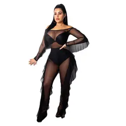 Сексуальный комплект из 2 частей Для женщин с длинным рукавом See Through Mesh Crop Top + Bodycon Длинные костюмы повседневная одежда из двух предметов