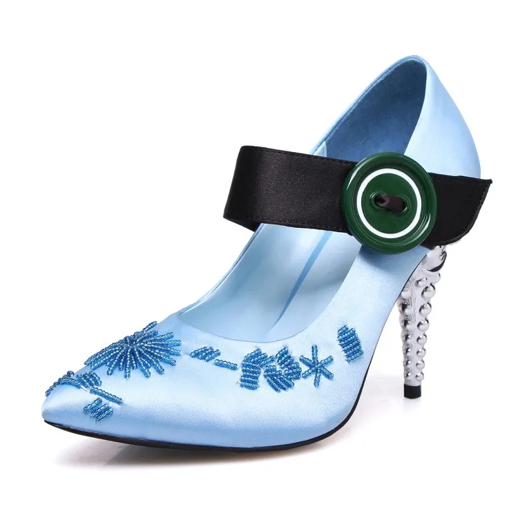 

new arrival Satin high heels pumps strange heels high heels Mary janes shoes Handmade string bead stiletto heel ladies shoes