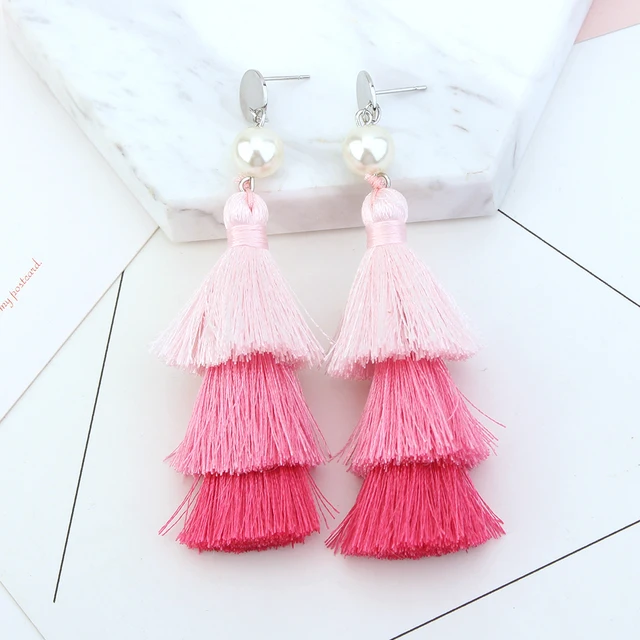 Pink Silk Tel Earrings Korean Fashion Jewelry For Women Banquet Pink Silk Tel Earrings Korean Fashion Jewelry For Women Banquet Party Dangle Asian
