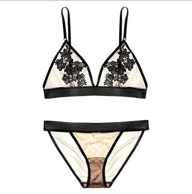 bra and thong set Flower Embroidery Bralette Wireless Transparent Mesh Bra and Panties Set Plunge Deep V Lingerie Underwear Women Brassiere lace bra panty set Bra & Brief Sets