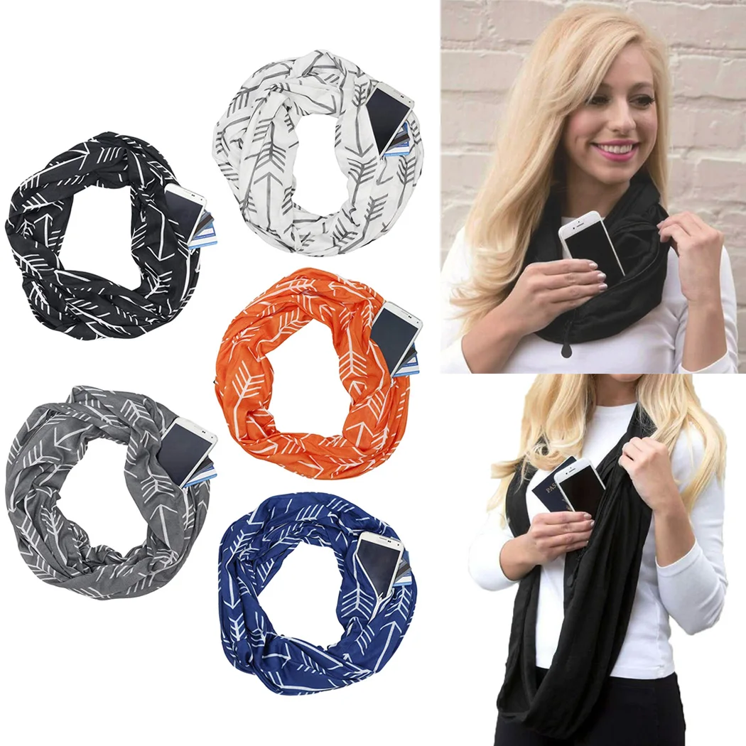 Fashion Women Soft Pocket Loop Scarf Arrows Printed Scarves Convertible