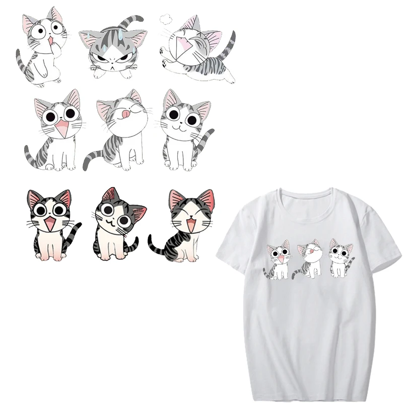 Виниловые стираемые наклейки для детской одежды с мультипликационным котом, аппликация на футболке, термопресс