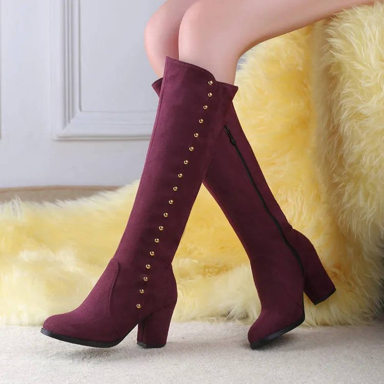 

women thick heel long boots 2018 autumn women rivet knee-high Knight boots Retro round head women boots size 34-43 women shoes