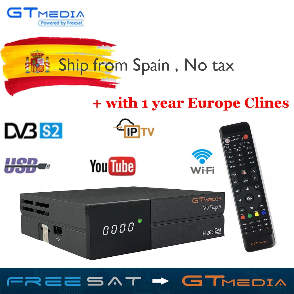 

Freesate V9 Super satellite receiver+1 year Spain 5CCCAM DVB-S2 H.265 decoder with built-in WIFI tv box same as Gemedia v8 NOVA
