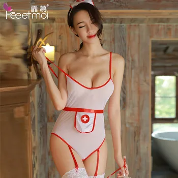 

Nurse Cosplay Uniform Sexy Erotic Lingerie 2018 New Women Crotchless Net Cloth Babysuit Backless Babydoll Removed Garters