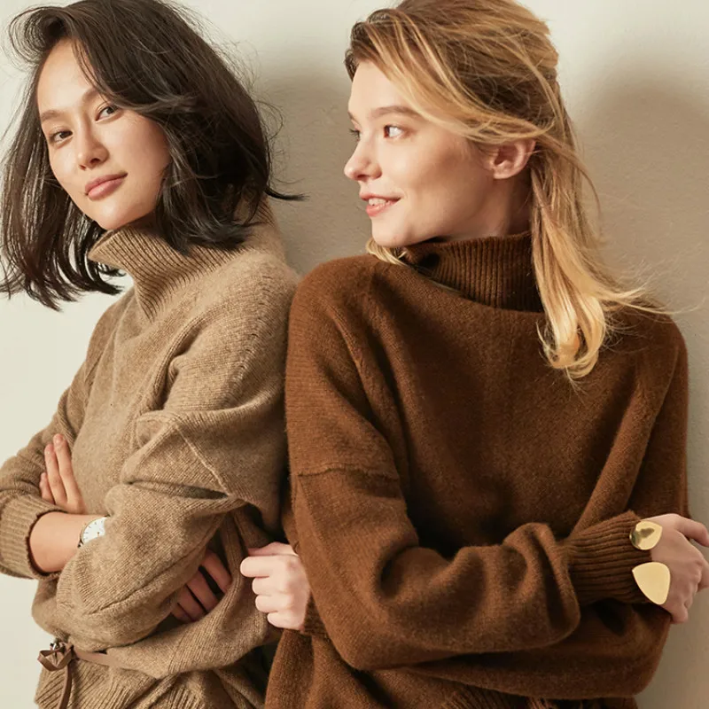 Autumn and winter new hooded cashmere sweater loose retro cardigan wool women's turtleneck sweater knit sweater warm fashion Sweaters