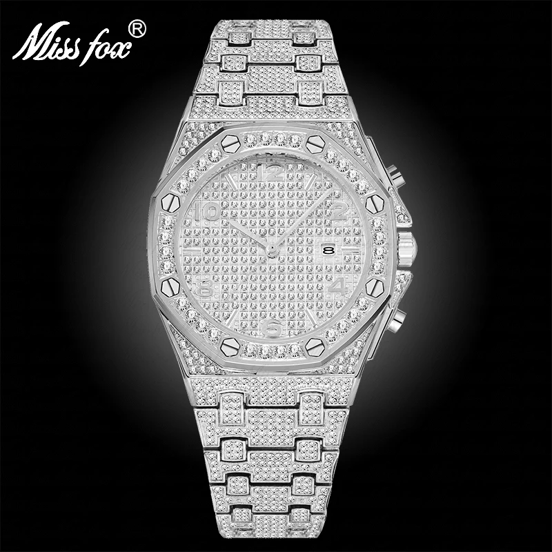 MissFox Большие женские серебряные часы кварцевые часы с бриллиантом Дамы Bling арабские цифры женщина часы лучший бренд Роскошные подарки для