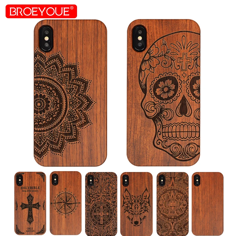 BROEYOUE Wood Case For iPhone X 7 8 Plus 6 6S Phone Covers PC Frame Wooden Back Carving Fundas 5S SE |
