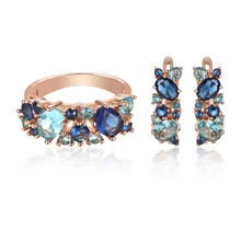 FJ 7 мм женские украшения с синим камнем наборы 585 цвета розового золота в форме цветов Свадебные Кольца Серьги Набор