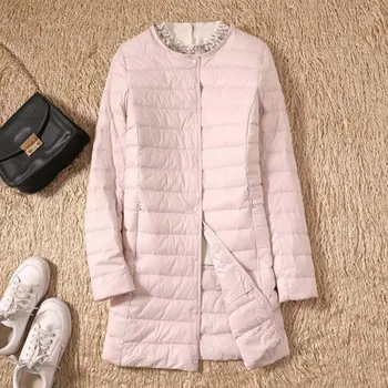 

Autumn Winter Ultra Light Down Jackets Women Medium Long Thin White Duck Down Coat Single-breasted Slim Puffer Jacket LP046