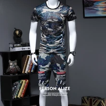 Летние камуфляжные шорты с цветочным принтом, рубашки с короткими рукавами, повседневные мужские комплекты одежды