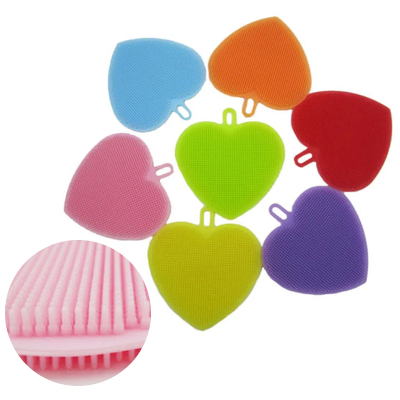 Silicone Heart Dish Washing Sponge Scrubber Kitchen Cleaning Mat Brush